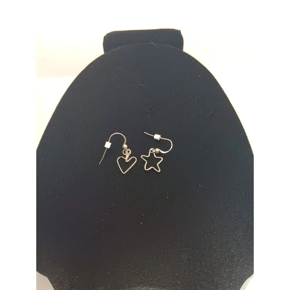 Vintage Dainty Sterling Silver 925 Dangle Drop Star Heart Earrings